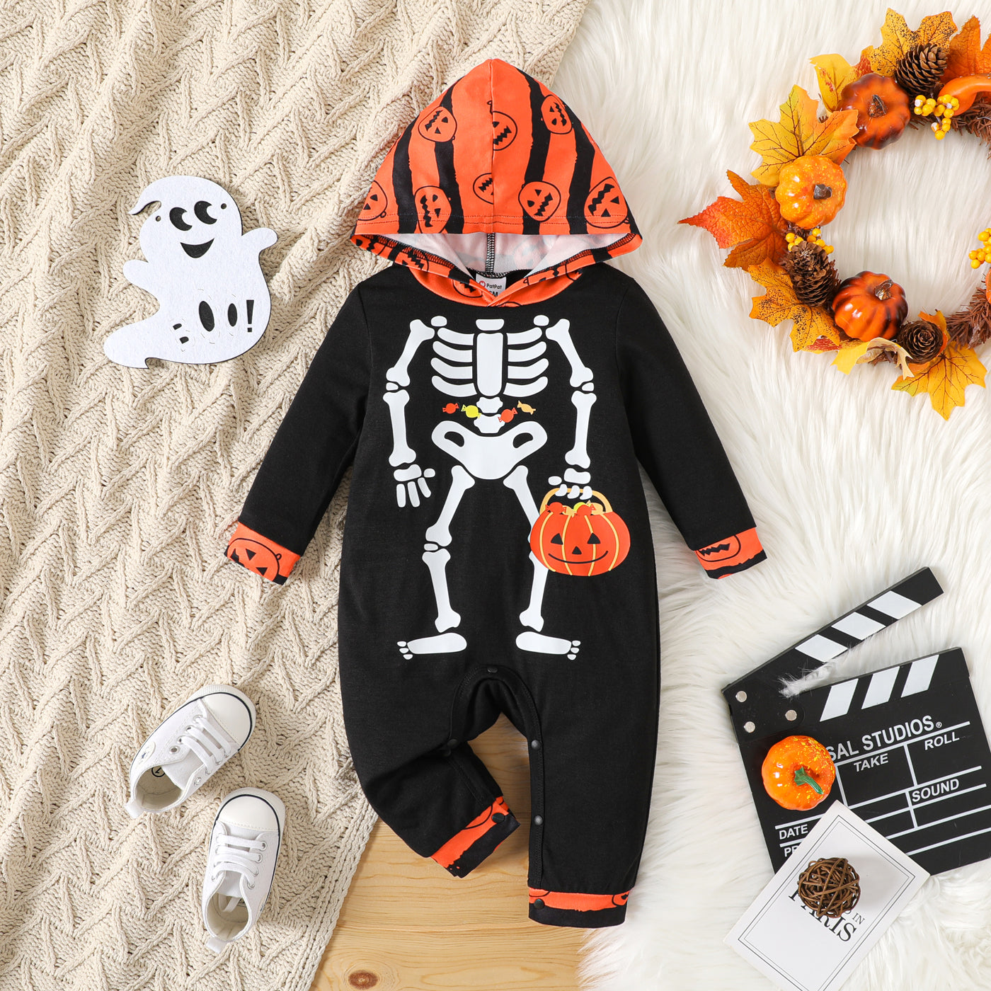 Halloween Baby Boy Skeleton & Pumpkin Print Hooded Long-sleeve Jumpsuit