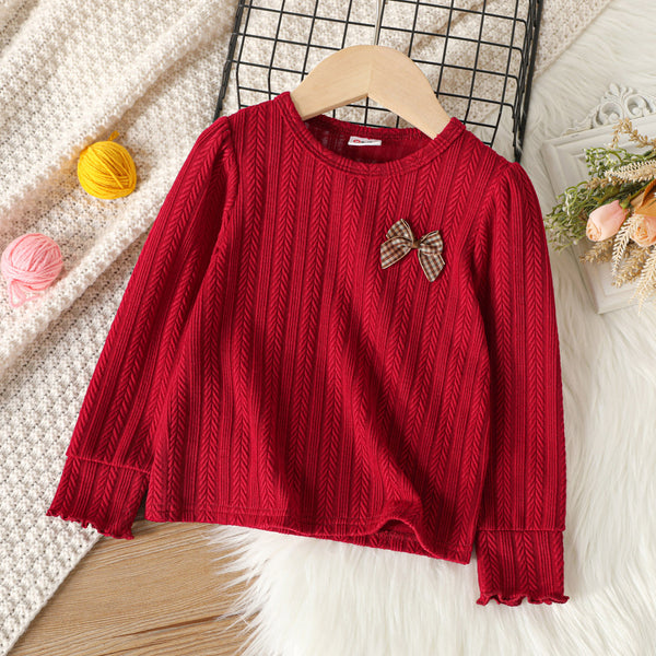 Toddler Girl Solid Color Bowknot Design Textured Long-sleeve Tee