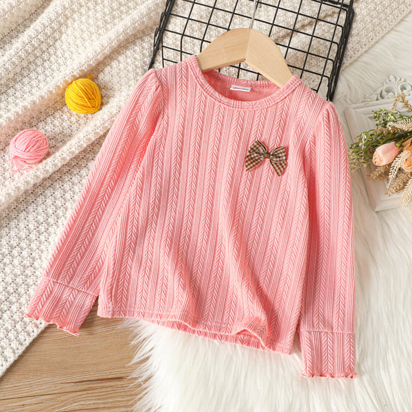 Toddler Girl Solid Color Bowknot Design Textured Long-sleeve Tee
