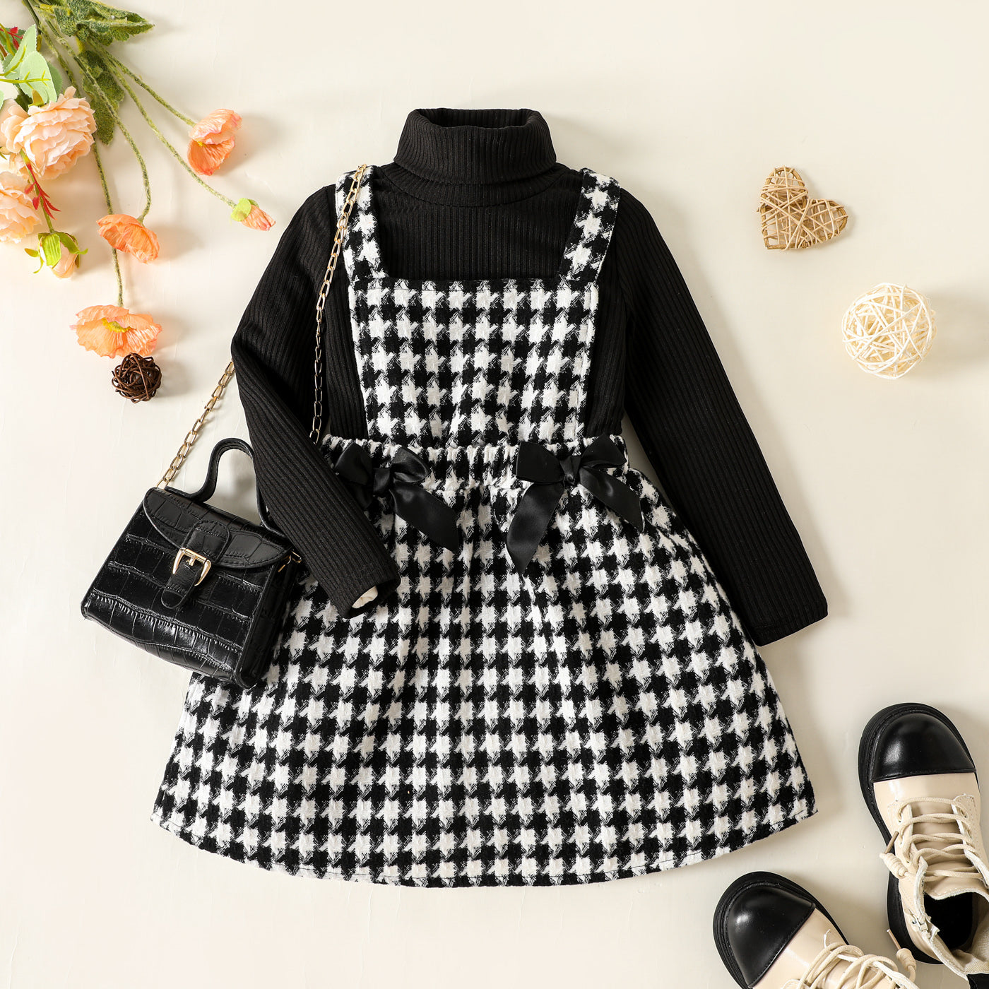 2pcs Toddler Girl Turtleneck Ribbed Black Tee and Bows Design Tweed Plaid Overall Dress Set