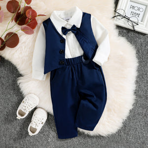 3pcs Baby Boy Party Outfits Gentleman Bow Tie Long-sleeve Shirt and Solid Waistcoat with Suspender Pants Set