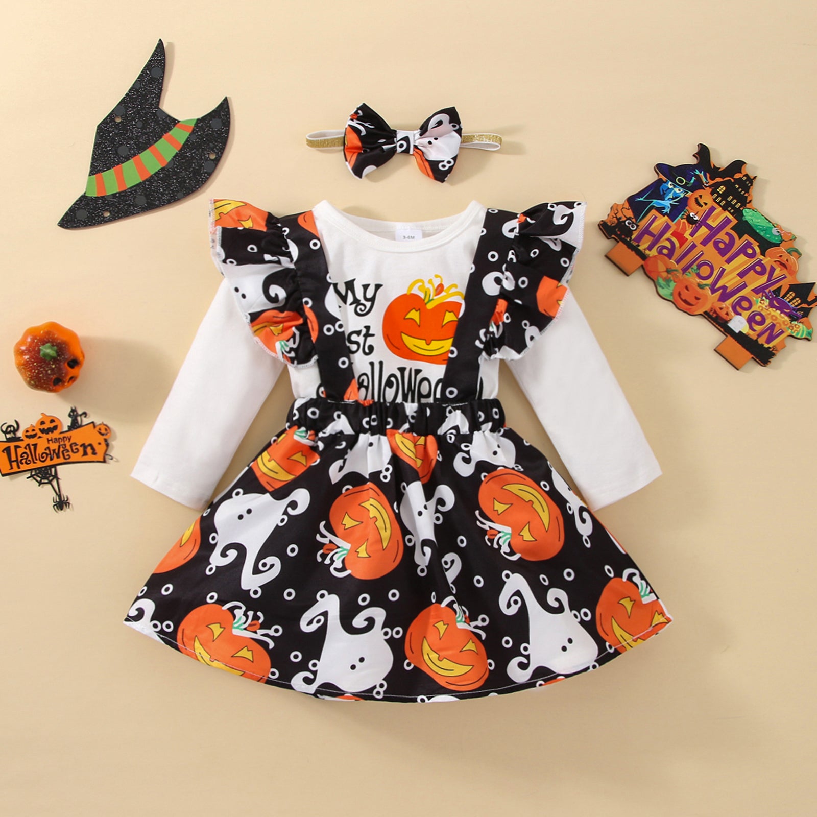 Halloween 3pcs Baby Girl 95% Cotton Long-sleeve Graphic Romper and Allover Pumpkin & Ghost Print Ruffle Suspender Skirt with Headband Set
