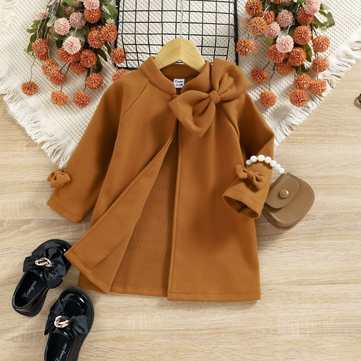 Toddler Girl Bowknot Design Open Front Brown Blend Coat
