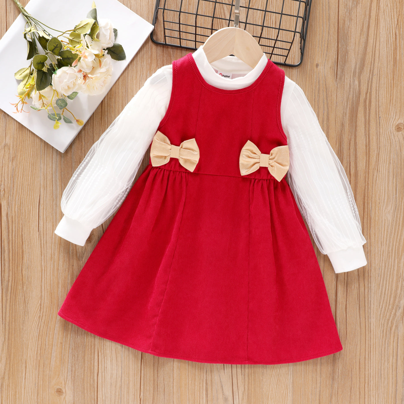 2pcs Toddler Girl Mock Neck Mesh Long-sleeve Tee and Bowknot Design Sleeveless Dress Set