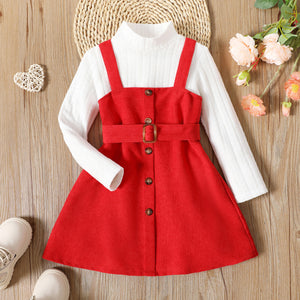 2pcs Toddler Girl Mock Neck Textured White Tee and Button Design Belted Red Overall Dress Set