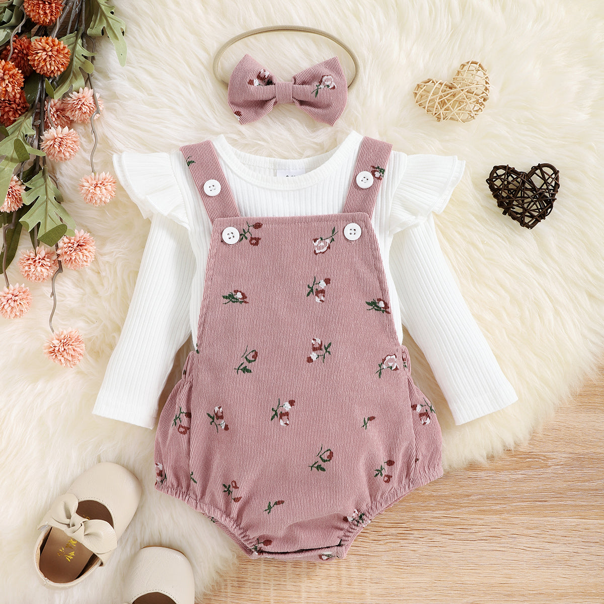 3pcs Baby Girl 95% Cotton Long-sleeve Solid Rib Knit Ruffle Trim Top and Floral Print Romper with Headband Set