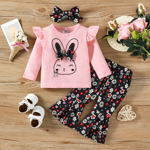 3pcs Baby Girl 95% Cotton Long-sleeve Rabbit Graphic Ruffle Trim Tee and Allover Floral Print Flared Pants with Headband Set