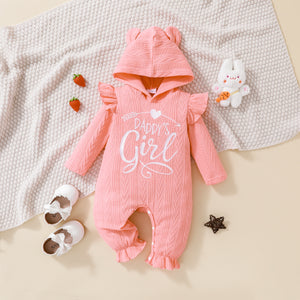 Baby Girl 95% Cotton Knit Textured Long-sleeve Letter Embroidered 3D Ears Hooded Ruffle Trim Jumpsuit