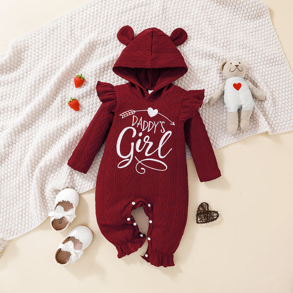 Baby Girl 95% Cotton Knit Textured Long-sleeve Letter Embroidered 3D Ears Hooded Ruffle Trim Jumpsuit