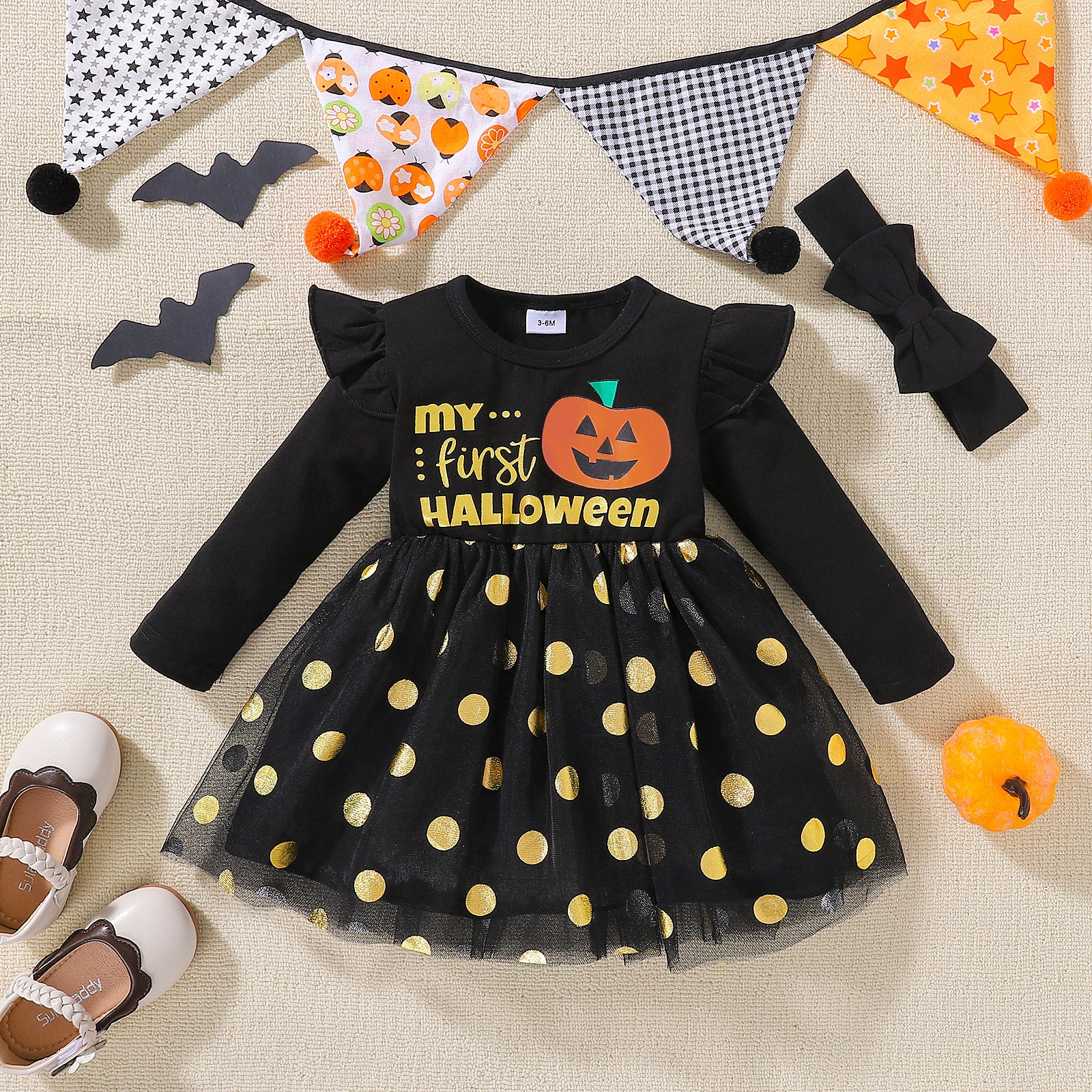 Halloween 2pcs Baby Girl Ruffle Long-sleeve Pumpkin & Letter Print Spliced Polka Dot Mesh Dress with Headband Set