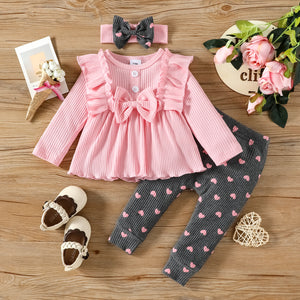 3pcs Baby Girl 95% Cotton Rib Knit Ruffle Trim Bow Front Long-sleeve Top and Allover Heart Print Leggings with Headband Set