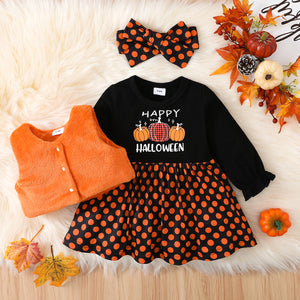Halloween 3pcs Baby Girl 95% Cotton Long-sleeve Letter & Pumpkin Print Spliced Polka Dot Dress and Fuzzy Vest with Headband Set