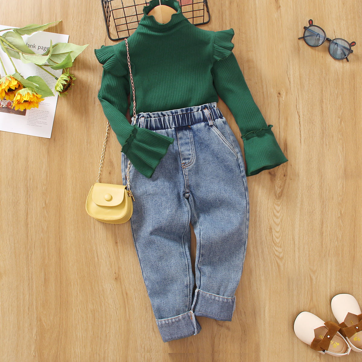 2pcs Toddler Girl Sweet Denim Jeans and Turtleneck Ruffled Bell sleeves Tee set