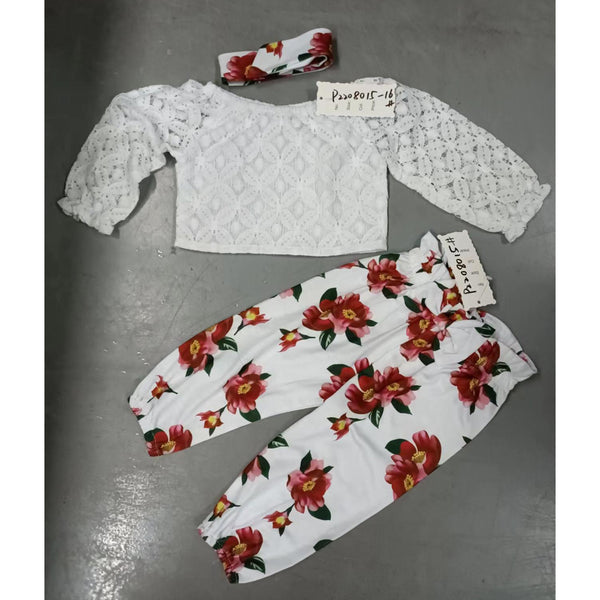 3pcs Baby Girl 100% Cotton Lace Off Shoulder Long-sleeve Crop Top and Floral Print Pants with Headband Set