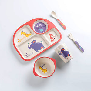 5Pcs Bamboo Fiber Kids Dinnerware Set Cartoon Feeding Tableware Includes Plate & Bowl & Cup & Fork & Spoon Utensils