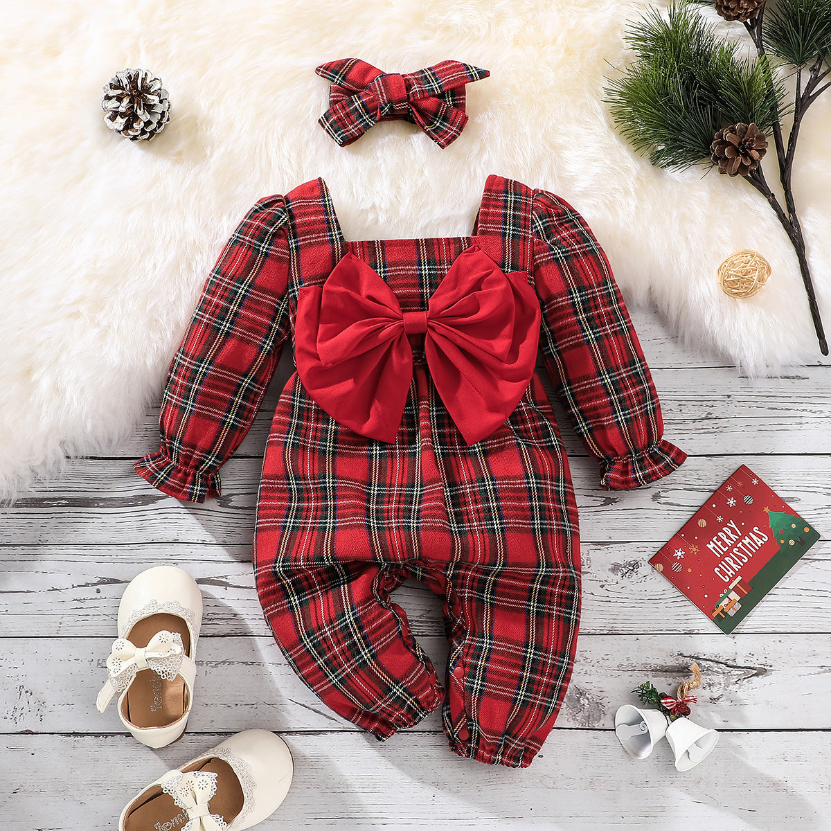 Christmas 2pcs Baby Girl Bow Front Red Plaid Square Neck Long-sleeve Jumpsuit with Headband Set