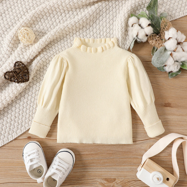 Baby Girl Solid Knitted Frill Mock Neck Puff-sleeve Sweater
