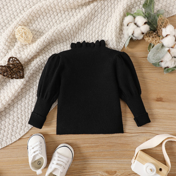 Baby Girl Solid Knitted Frill Mock Neck Puff-sleeve Sweater