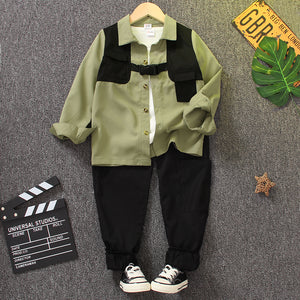 2pcs Kid Boy Colorblock Buckle Design Long-sleeve Shirt and Black Pants Set