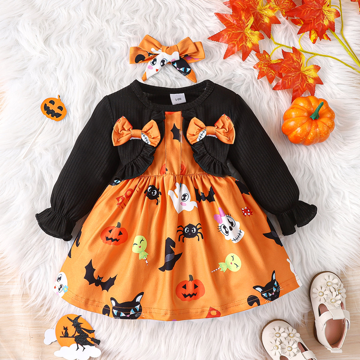 Halloween 2pcs Baby Girl Faux-two Long-sleeve Rib Knit Spliced Allover Print Bow Front Dress with Headband Set