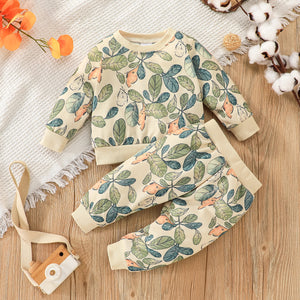 2pcs Baby Girl Allover Leaf Print Long-sleeve Sweatshirt and Sweatpants Set