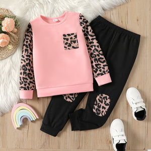 2pcs Kid Girl Leopard Print Colorblock Pullover Sweatshirt and Elasticized Pants Set