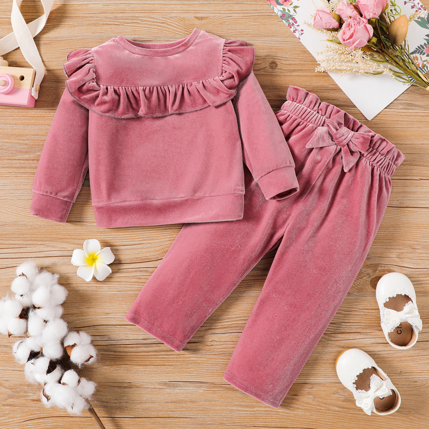2pcs Baby Girl Pink Velvet Ruffle Trim Long-sleeve Top and Bow Front Pants Set