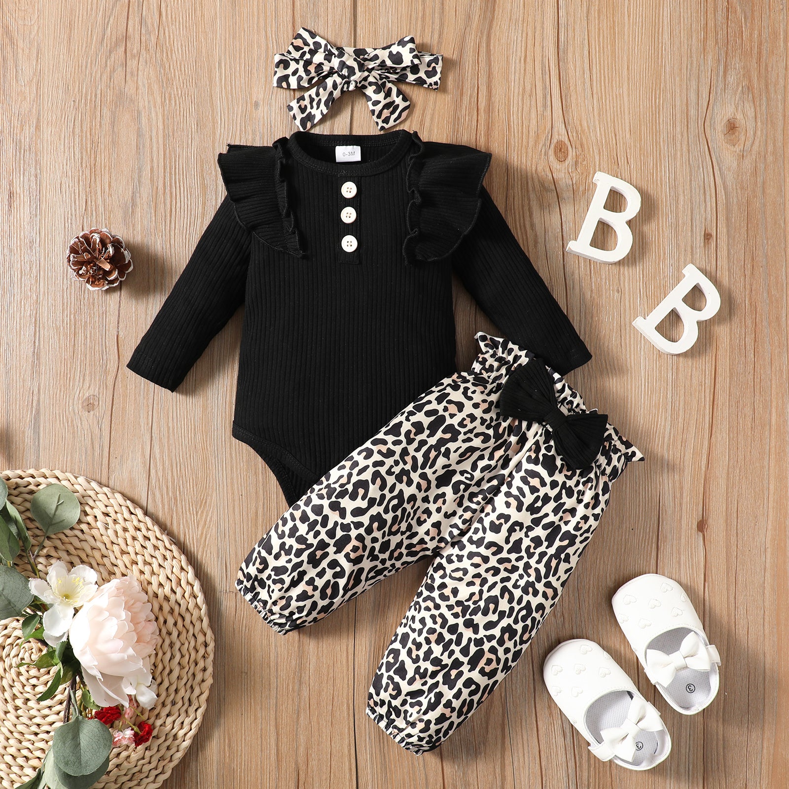 3pcs Baby Girl Solid Rib Knit Ruffle Trim Long-sleeve Romper and Bow Print Leopard Print Pants with Headband Set