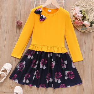 2pcs Kid Girl 3D Bowknot Design Ruffled Hem Long-sleeve Tee and Floral Print Skirt Set