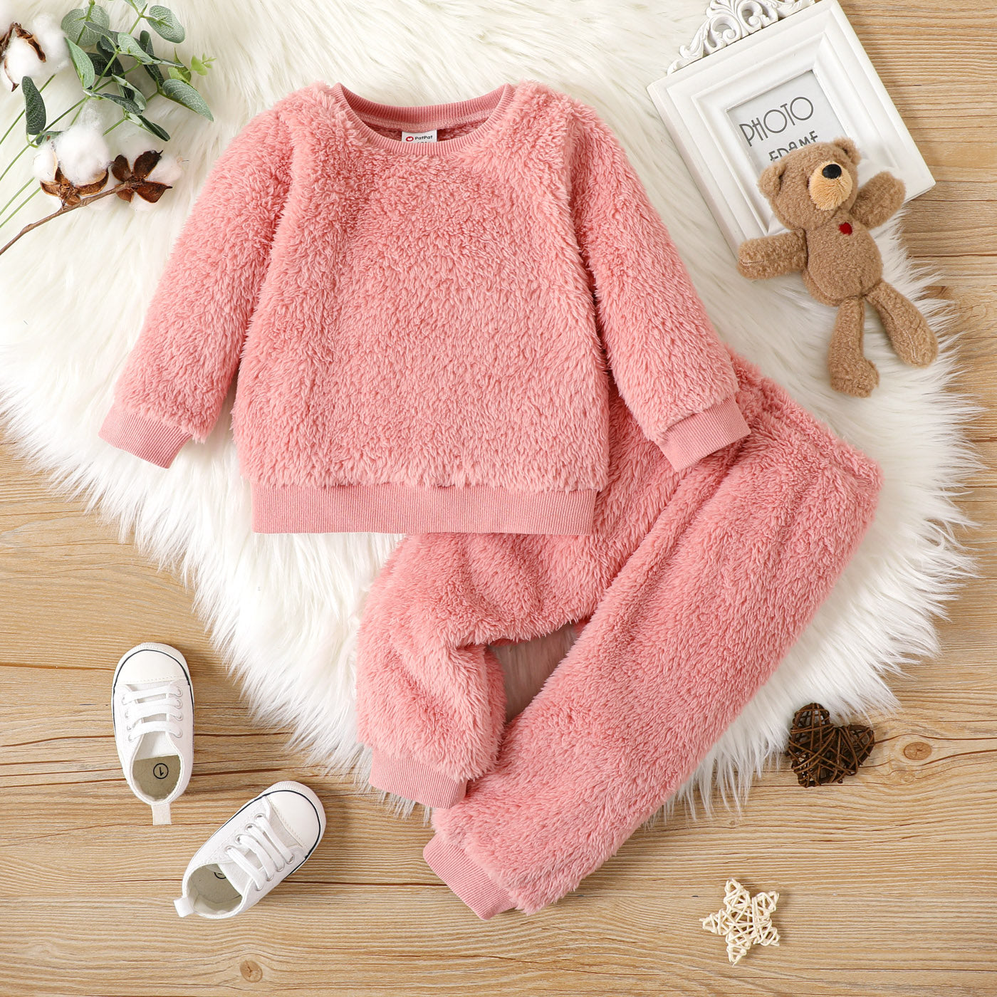 2pcs Baby Boy/Girl Thermal Fuzzy Long-sleeve Pullover and Pants Set