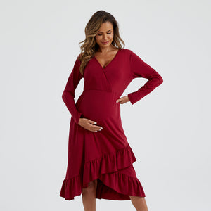 Maternity Ruffle Hem Red Long-sleeve Dress