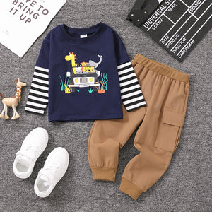 2pcs Toddler Boy Playful Faux-two Animal Print Striped Sweatshirt and Pocket Design Pants Set
