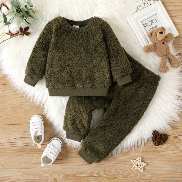 2pcs Baby Boy/Girl Thermal Fuzzy Long-sleeve Pullover and Pants Set