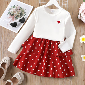 2pcs Kid Girl Heart Embroidered White Tee and Polka dots Layered Skirt Set