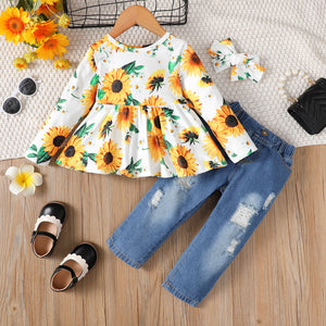 3pcs Toddler Girl Sweet Ripped Denim Jeans & Floral Print Tee and Headband Set