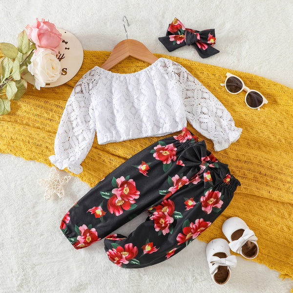 3pcs Baby Girl 100% Cotton Lace Off Shoulder Long-sleeve Crop Top and Floral Print Pants with Headband Set