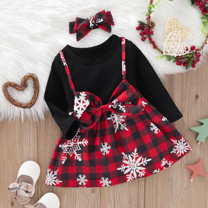Toddler Girl Christmas Faux-two Bowknot Design Splice Long-sleeve Dress