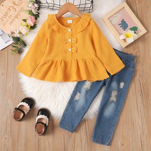 2pcs Toddler Girl Sweet Ripped Cotton Denim Jeans and Doll Collar Crepe Blouse Set