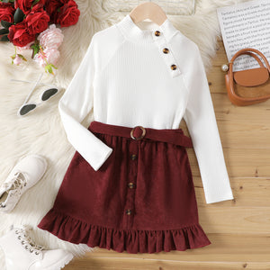 2pcs Kid Girl Mock Neck ButtonDesign White Tee and Ruffle Hem Skirt Set