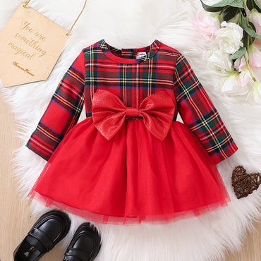 Baby Girl Red Plaid Long-sleeve Spliced Bow Front Mesh Party Dress Globle