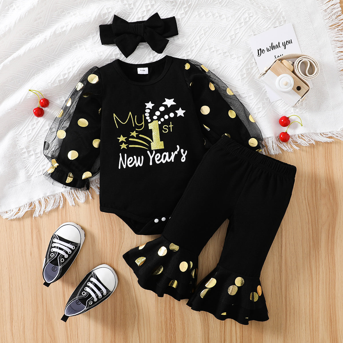 New Year 3pcs Baby Girl 95% Cotton Long-sleeve Letter Graphic Polka Dot Print Black Mesh Romper and Flared Pants with Headband Set