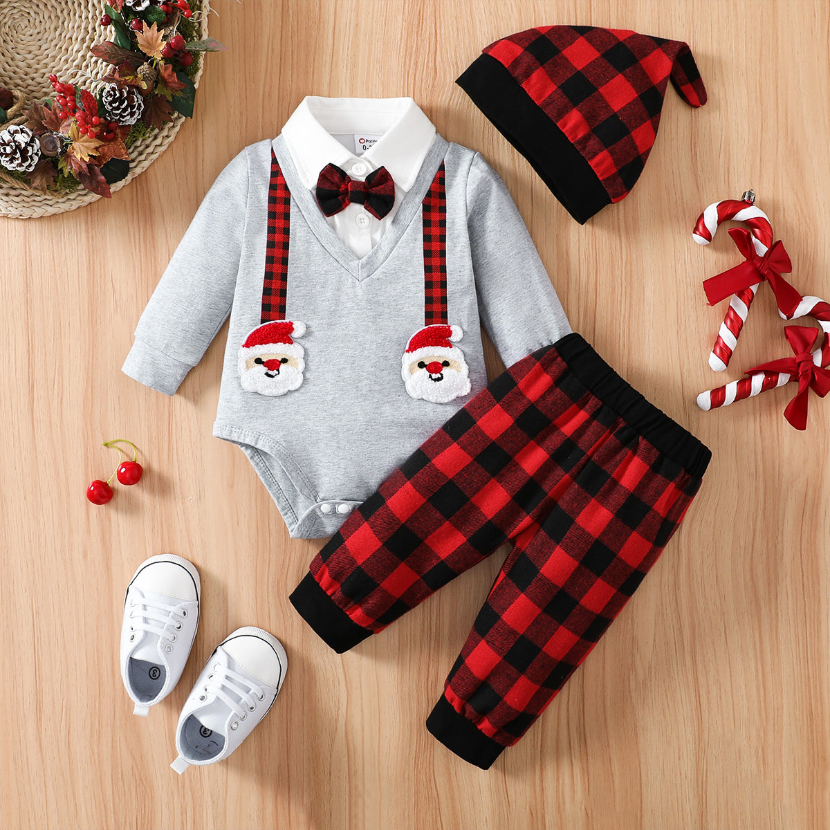 Christmas 3pcs Baby Boy 95% Cotton Long-sleeve Santa Badge Bow Tie Romper and Red Plaid Pants with Hat Set