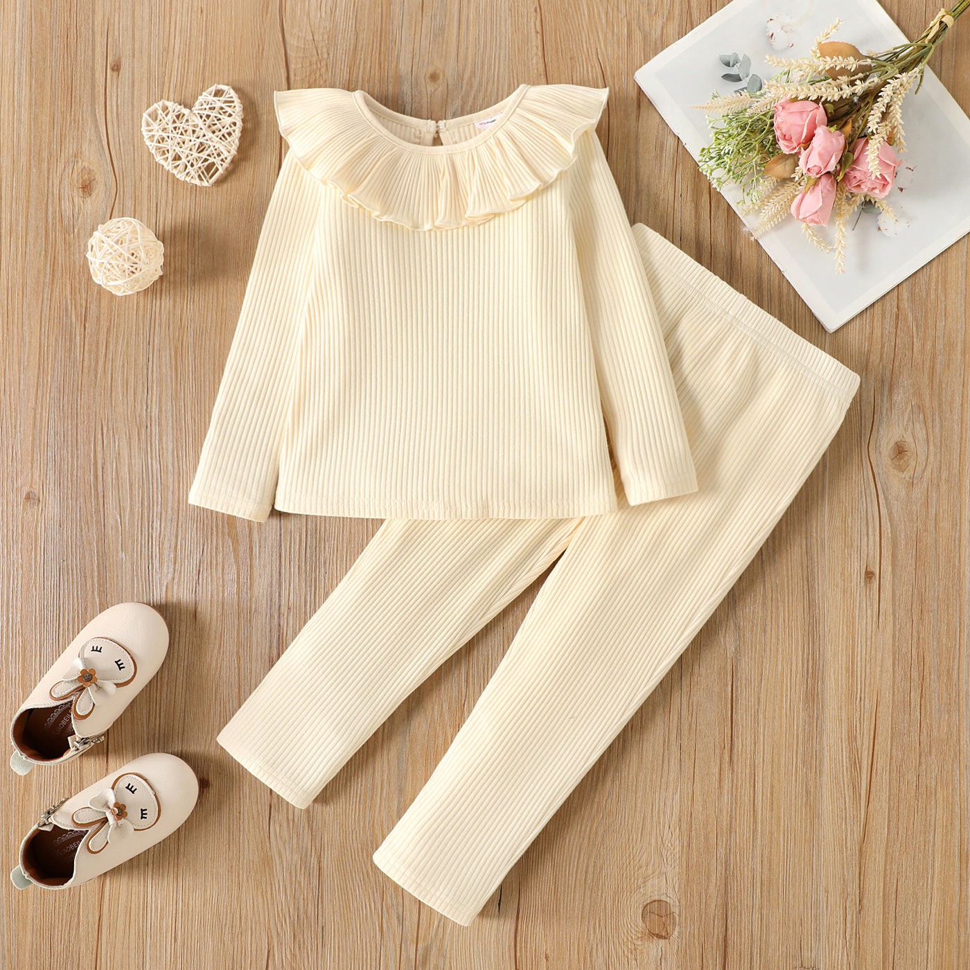 2pcs Toddler Girl Solid Color Flounced Collar Cotton Long-sleeve Ribbed Tee and Pants Set