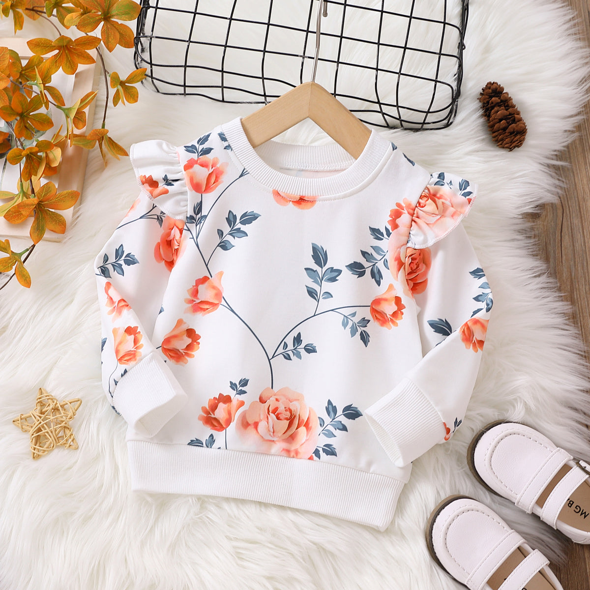 Baby Girl Allover Floral Print Ruffle Long-sleeve Sweatshirt