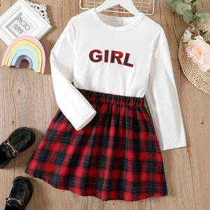 2pcs Kid Girl Letter Embroidered Long-sleeve White Tee and Red Plaid Skirt Set