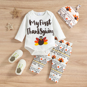 Thanksgiving Day 3pcs Baby BoyGirl 95% Cotton Long-sleeve Letter  Turkey Print Romper Set