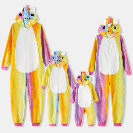 Family Matching Unicorn Design Hooded Long-sleeve Colorful Thickened Coral Fleece Onesies Pajamas (Flame Resistant)