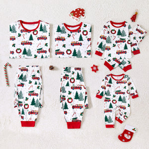 Christmas Family Matching Allover Xmas Tree  Car Print Long-sleeve Pajamas Sets (Flame Resistant)