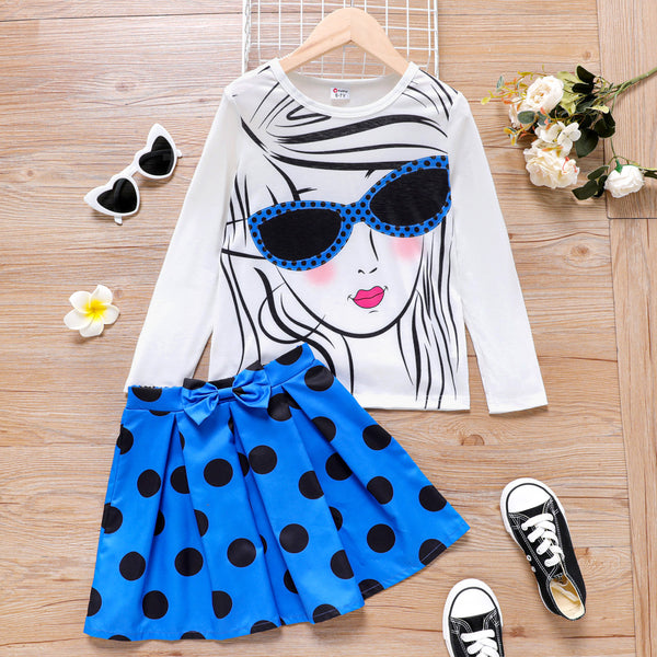 2pcs Kid Girl Character Print Long sleeve Tee and Bowknot Design Polka dots Skirt Set