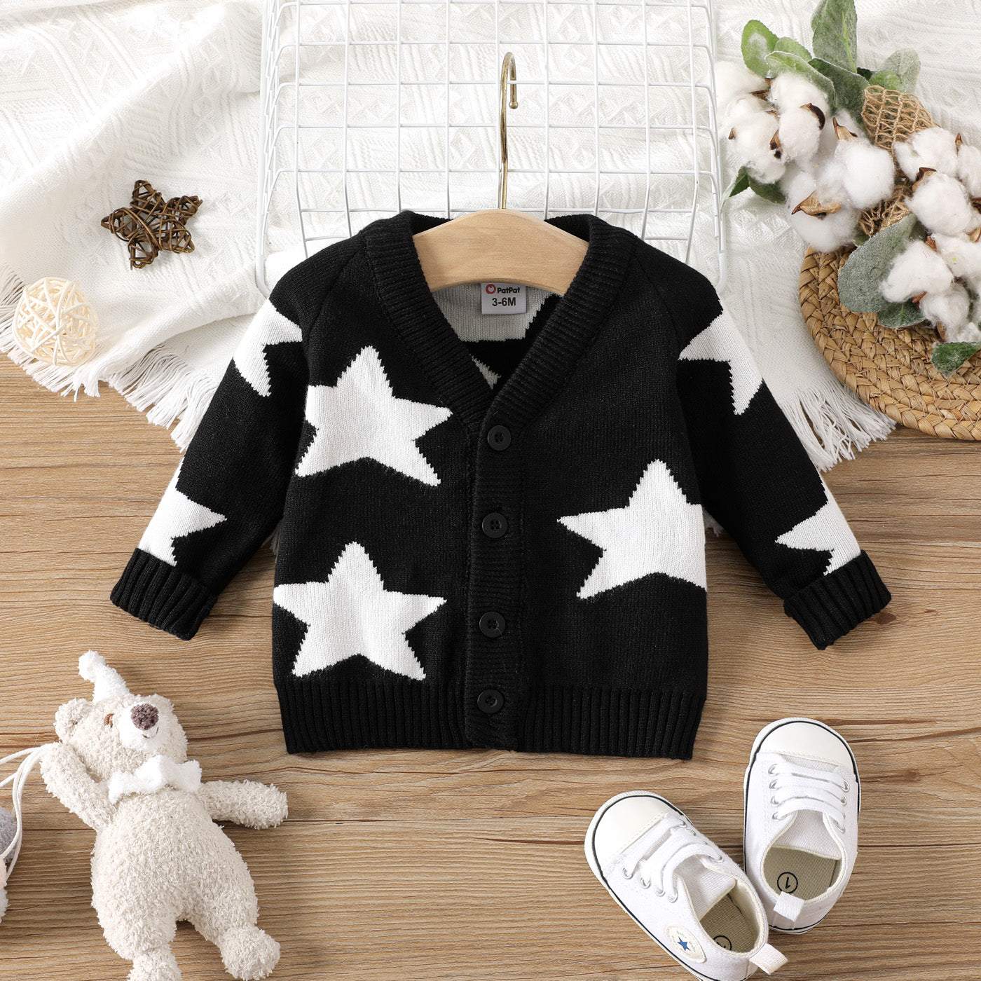 Baby BoyGirl Allover Stars Pattern Black Long-sleeve Knitted Cardigan Sweater